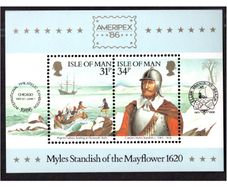 1986 Isle of Man Ameripex 86 Myles Standish of the Mayflower Commemorative Stamp Miniature Sheet Mint Never Hinged (MNH)