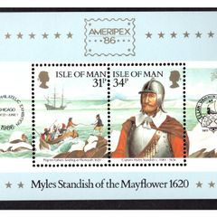 1986 Isle of Man Ameripex 86 Myles Standish of the Mayflower Commemorative Stamp Miniature Sheet Mint Never Hinged (MNH)