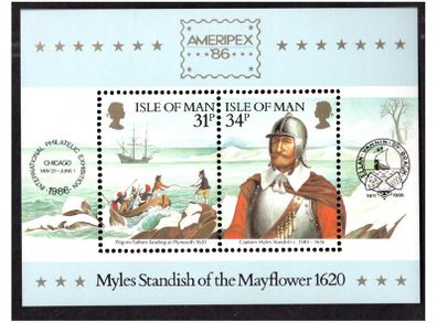 1986 Isle of Man Ameripex 86 Myles Standish of the Mayflower Commemorative Stamp Miniature Sheet Mint Never Hinged (MNH)