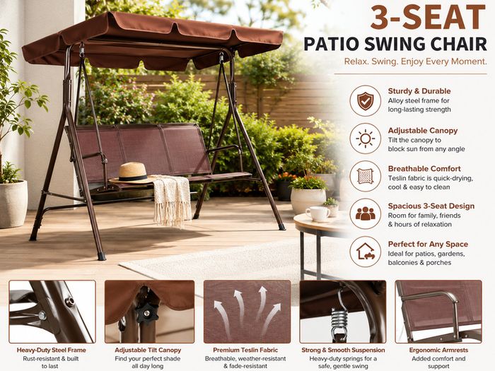 3-Seat Patio Swing Chair, Outdoor Patio Swing with Adjustable Canopy, Porch Swing with Armrests, Teslin Fabric and Alloy Steel Frame, for Balcony, Backyard, Patio, Garden, Poolside, Brown