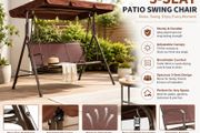 3-Seat Patio Swing Chair, Outdoor Patio Swing with Adjustable Canopy, Porch Swing with Armrests, Teslin Fabric and Alloy Steel Frame, for Balcony, Backyard, Patio, Garden, Poolside, Brown
