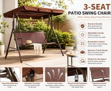 3-Seat Patio Swing Chair, Outdoor Patio Swing with Adjustable Canopy, Porch Swing with Armrests, Teslin Fabric and Alloy Steel Frame, for Balcony, Backyard, Patio, Garden, Poolside, Brown