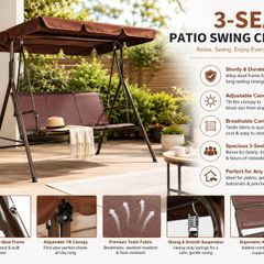3-Seat Patio Swing Chair, Outdoor Patio Swing with Adjustable Canopy, Porch Swing with Armrests, Teslin Fabric and Alloy Steel Frame, for Balcony, Backyard, Patio, Garden, Poolside, Brown
