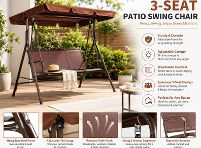 3-Seat Patio Swing Chair, Outdoor Patio Swing with Adjustable Canopy, Porch Swing with Armrests, Teslin Fabric and Alloy Steel Frame, for Balcony, Backyard, Patio, Garden, Poolside, Brown