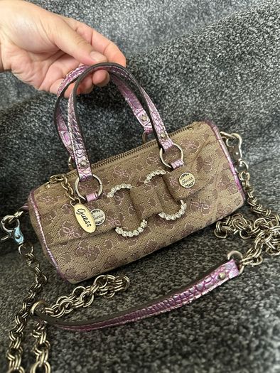vintage Guess Y2K small monogram bag in a brown and pink glitter colorway.