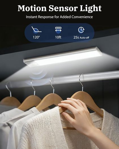 Demkia Under Cabinet Kitchen Lights LED, Motion Sensor Lights Indoor, 6500K Rechargeable Battery Operated Wardrobe Light, Wireless Magnetic USB Powered Strip Stick on Light for Shelf Stairs Counter [Energy Class G]