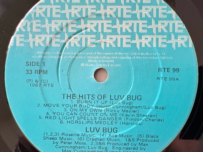 Rare Irish pressing Luv Bug LP 'The Hits of Luv Bug'. Live recording taken from the RTE Show Luv Bug at Cork Opera House. Includes Irish Eurovision entry You Can Count On Me. Lovely condition. Vinyl plays like new.  Last sold online four years ago.