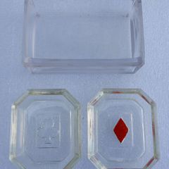 vintage set of molded glass card suit dishes and a matching container, commonly used as bridge ashtrays or nut/trinket dishes.