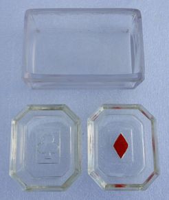 vintage set of molded glass card suit dishes and a matching container, commonly used as bridge ashtrays or nut/trinket dishes.