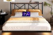 Double Floating Bed Frame with LED Lights &amp;Charging Station,Metal Platform Bed Frame Double with Wooden Storage Headboard Heavy Duty Metal Slats,No Box Spring Needed,Noise Free,Easy Assembly