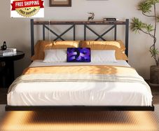 Double Floating Bed Frame with LED Lights &Charging Station,Metal Platform Bed Frame Double with Wooden Storage Headboard Heavy Duty Metal Slats,No Box Spring Needed,Noise Free,Easy Assembly
