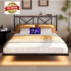 Double Floating Bed Frame with LED Lights &Charging Station,Metal Platform Bed Frame Double with Wooden Storage Headboard Heavy Duty Metal Slats,No Box Spring Needed,Noise Free,Easy Assembly