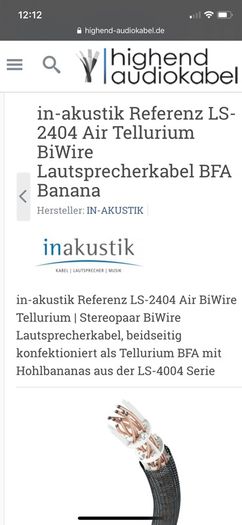In-akustik Referenz LS-2404 Air Tellurium BiWire Speaker Cable BFA Banana 3,5m / Pair