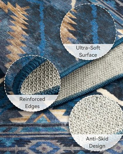 Machine Washable Large Rugs Living Room, 180x270 cm Non-Slip Area Rugs, Short Pile Blue Rug for Bedroom, Hallway, Bedroom, and Kitchen, Office, Blue
