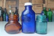 466 - Set of Three Beautiful Vintage Glass Decorative Collectible Bottles - Amber Eire Bovril, Cobalt Blue Magnesia and Turquoise Science Cream