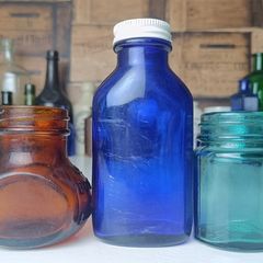 466 - Set of Three Beautiful Vintage Glass Decorative Collectible Bottles - Amber Eire Bovril, Cobalt Blue Magnesia and Turquoise Science Cream