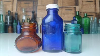 466 - Set of Three Beautiful Vintage Glass Decorative Collectible Bottles - Amber Eire Bovril, Cobalt Blue Magnesia and Turquoise Science Cream