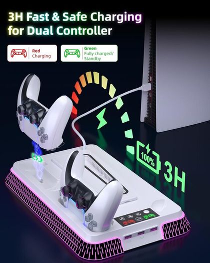 Cooling Station and Console Stand for PS5/Pro/Slim, Dual Controller Charging Station with Ambient RGB Lighting for PlayStation 5, PS5 Stand Controller Charger for Disc & Digital with Cooling Fan