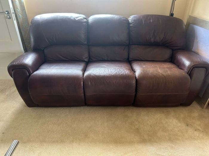 3 seater brown leather recliner sofa