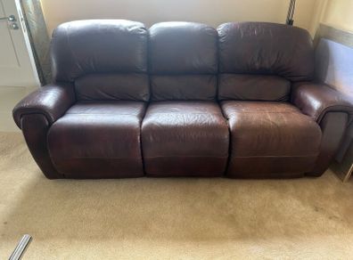 3 seater brown leather recliner sofa
