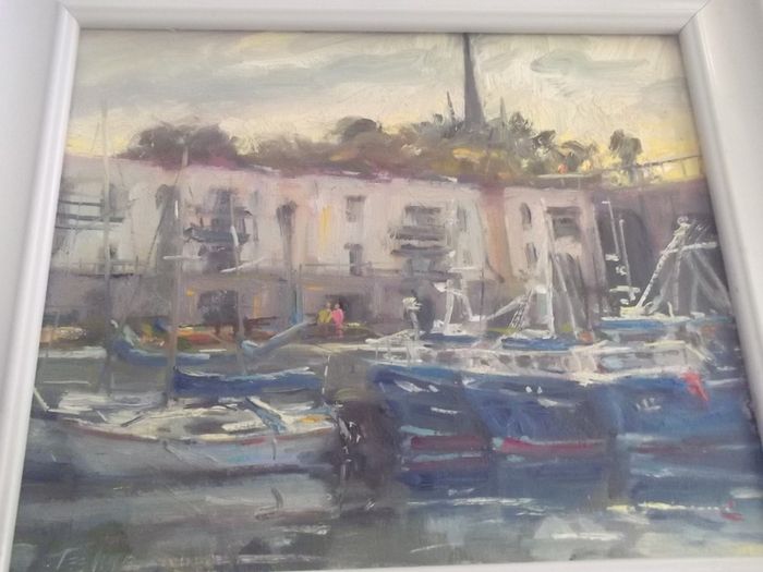 a oil painting by a dublin artist norman teeling of balbriggan harbour