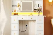 Vanity Desk with Movable LED Mirror and 8 Drawers, Dressing Table with Built in USB Power Outlets RGB Light Strip, Vanity Table with 4 Layer Adjustable Shelves White Makeup Desk 110 40 137cm