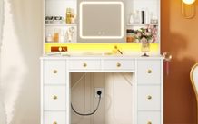 Vanity Desk with Movable LED Mirror and 8 Drawers, Dressing Table with Built in USB Power Outlets RGB Light Strip, Vanity Table with 4 Layer Adjustable Shelves White Makeup Desk 110 40 137cm