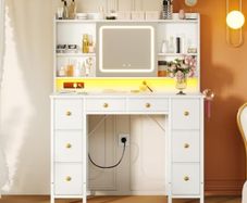 Vanity Desk with Movable LED Mirror and 8 Drawers, Dressing Table with Built in USB Power Outlets RGB Light Strip, Vanity Table with 4 Layer Adjustable Shelves White Makeup Desk 110 40 137cm
