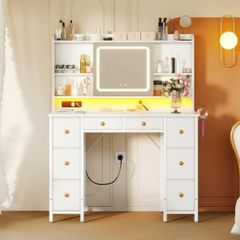 Vanity Desk with Movable LED Mirror and 8 Drawers, Dressing Table with Built in USB Power Outlets RGB Light Strip, Vanity Table with 4 Layer Adjustable Shelves White Makeup Desk 110 40 137cm