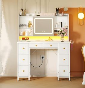 Vanity Desk with Movable LED Mirror and 8 Drawers, Dressing Table with Built in USB Power Outlets RGB Light Strip, Vanity Table with 4 Layer Adjustable Shelves White Makeup Desk 110 40 137cm