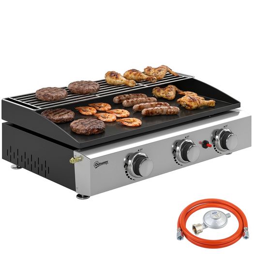 Gas Grill 7.5 kW Portable Table Grill with 3 Burners Ceramic Coating Grill Plate Warming Rack