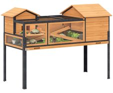 Turtle house, small pet enclosure, 2 rooms, 2 floors, windows, ramps, accessories, wood, steel, yellow