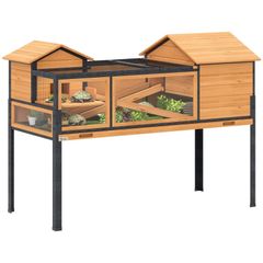 Turtle house, small pet enclosure, 2 rooms, 2 floors, windows, ramps, accessories, wood, steel, yellow
