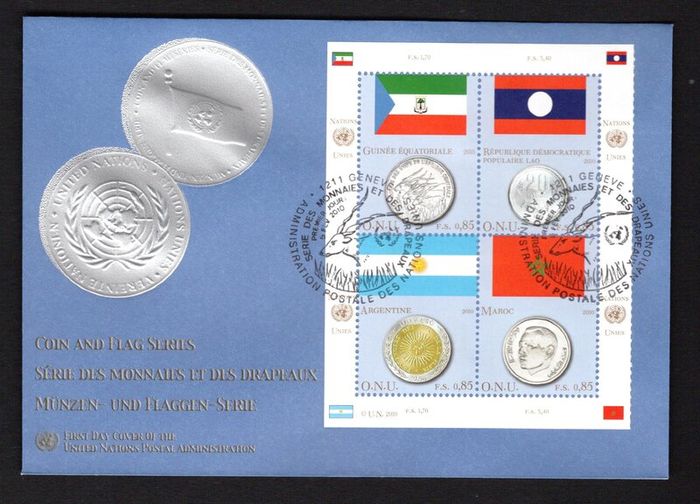 2010 United Nations (Geneva) Coins & Flags (Equatorial Guinea, Laos, Seychelles, Mauritania, Argentina, Morocco, Sudan & Brunei) Commemorative Stamps MNH & FDC