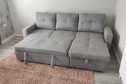 Light Grey Corner Sofa Bed with Storage &amp; Pull-Out Base