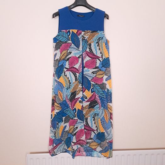 Sophie B Blue Multicolor Tropical Leaf Print Sheer Kaftan Tunic Dress 12UK/40EU