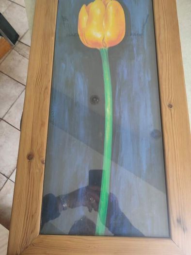 Lovely Framed Print Of Yellow Tulip On Blue In Tall Pine Wood Frame.