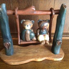 Vintage wooden bears on swing ornament