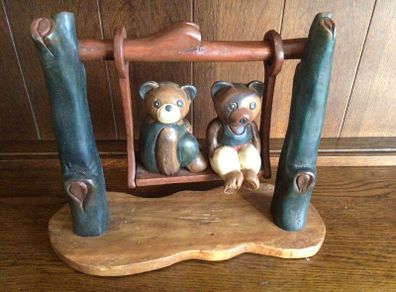 Vintage wooden bears on swing ornament
