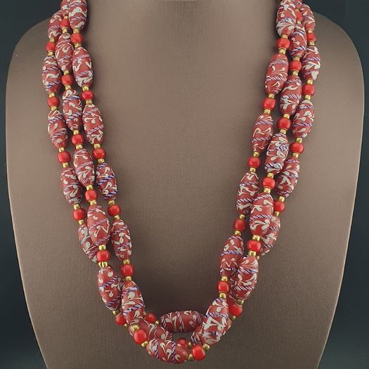 Antique Venetian Style Feather Desgin & Venetian Red WhiteHeart Glass Beads Necklace