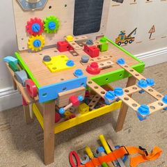Kids wooden tool bench with accessories