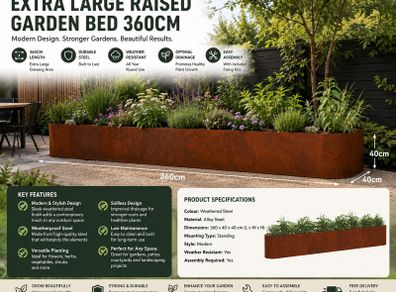 360cm Weathering Steel Raised Garden Bed Large Garden Planter