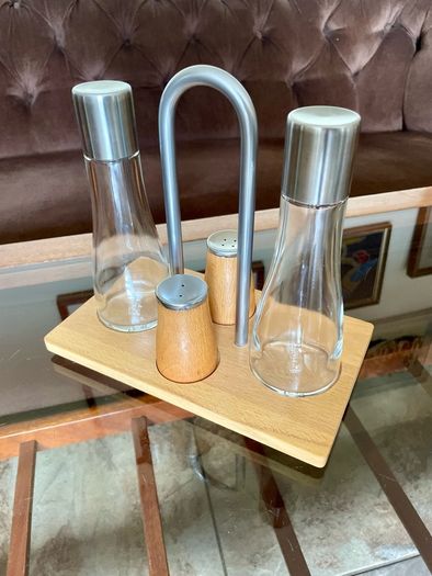 Vintage Bodum Oil Vinegar Salt Pepper Cruet Set by Georg Fontana Danish Beechwood with Aluminum 1990s