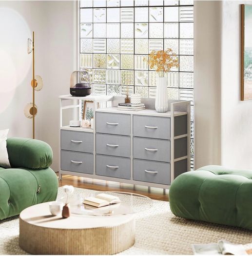Chest of Drawers Bedroom, 8 Fabric Drawers, Light Grey, 30x132x88cm