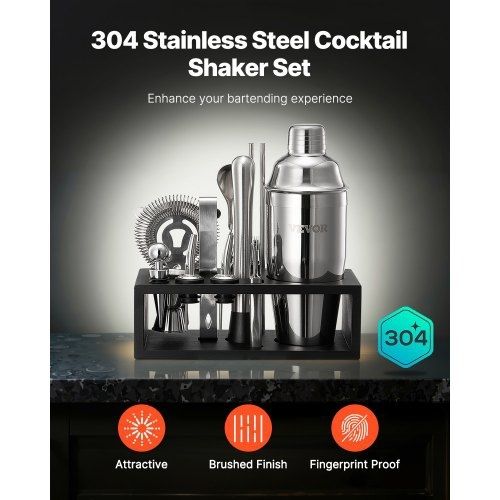 Cocktail Shaker Set, 13-Piece Stainless Steel Bar Tools with Bamboo Stand, Martini Bartender Kit Accessories | Mixer Spoon, Muddler, Jigger