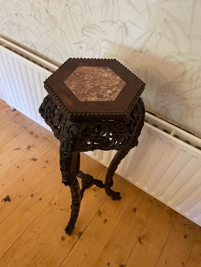 Antique Carved Oriental Plant / Lamp Table with Marble Top