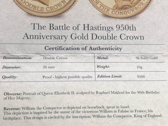 Gibraltar 2016 Solid 9ct Gold Proof Double Crown, 10g, In Capsule With COA.