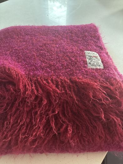 4 pieces- Avoca Mohair Wool Magenta Throw, Jerpoint Pedestal / Footed Bowl, Cut Glass Pillar Lamp with Brand New Sanderson Drum Shade - all are perfect together