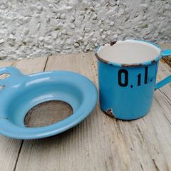 Vintage Danish blue enamel Strainer & measure