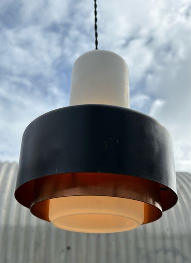 Rare vintage run of 2 Danish suspended pendant lights by Fog & Morup.